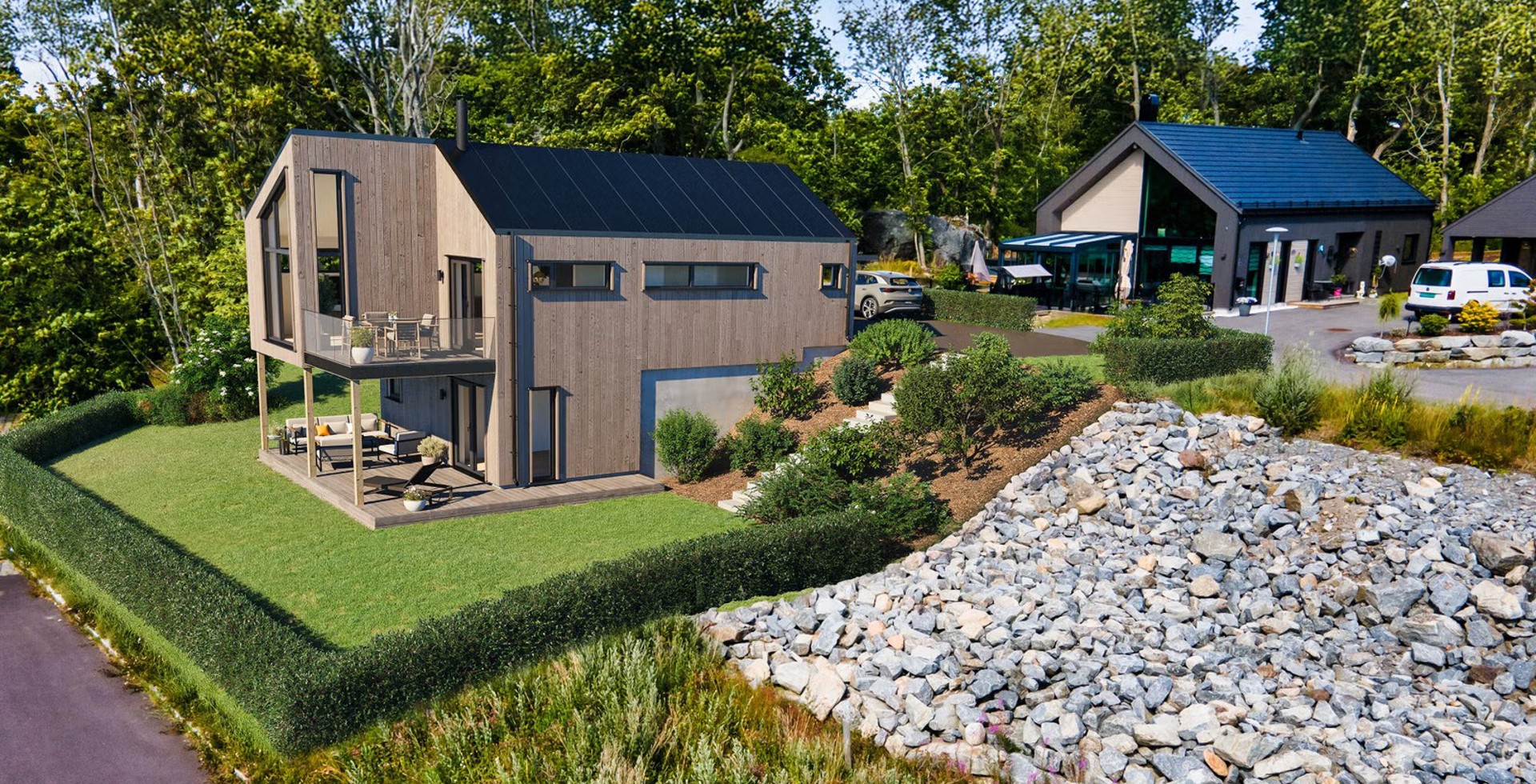 Moderne enebolig i blindveie med sen kveldssol