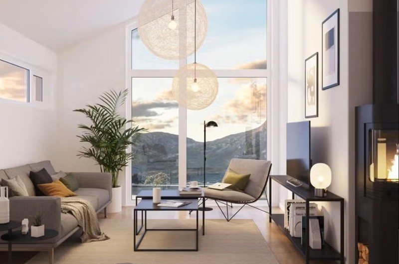 Moderne enebolig i blindveie med sen kveldssol